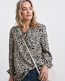 Tie Detail Ruched Long Sleeve Blouse - Mono Print