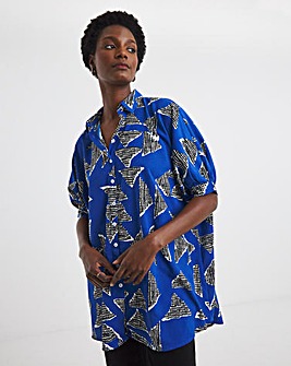 Womens Printed Oversized Blouse - Blue Abstract