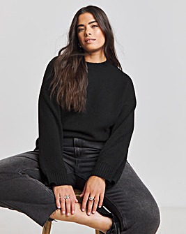 Black Pointelle Detail Wide Sleeve Crew Neck Jumper