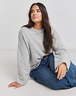 Grey Pointelle Detail Wide Sleeve Crew Neck Jumper