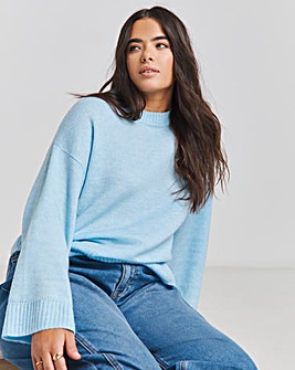 Blue Pointelle Detail Wide Sleeve Crew Neck Jumper