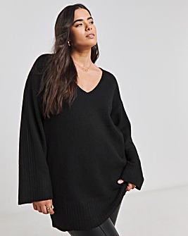 Black Slouchy V Neck Longline Jumper