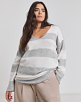 Grey & Ivory Stripe Slouchy V Neck Longline Jumper