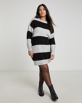 Black & Grey Stripe Crew Neck Mini Dress