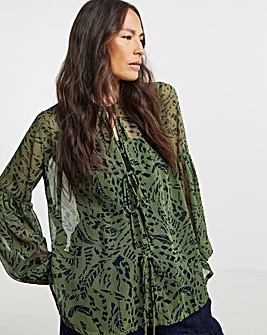 Womens Georgette Tie Detail Collarless Blouse - Khaki Print
