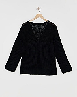 Black V Neck Mixed Knit Volume Sleeve Jumper