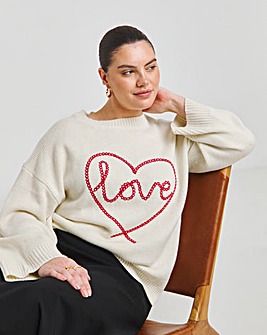 Cream Love Heart Embroidered Jumper