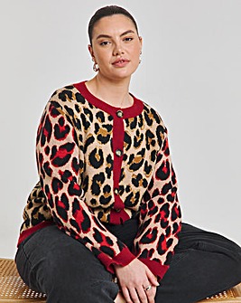 Neutral & Red Leopard Jacquard Cardigan