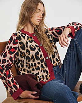Simply Be Neutral & Red Leopard Jacquard Cardigan