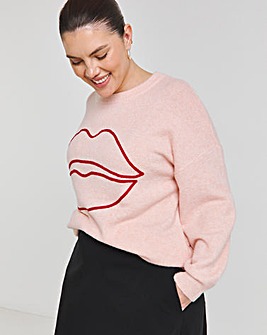 Pink Embroidered Lips Volume Sleeve Longline Jumper