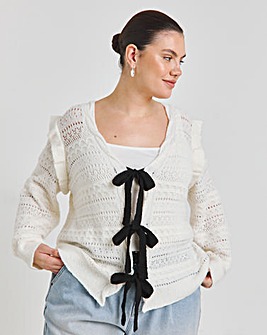 Cream Pointelle Tie Front Cardigan