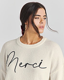 Cream Merci Slogan Embroidered Jumper