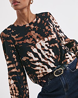 Crew Neck Balloon Sleeve Top - Abstract Print