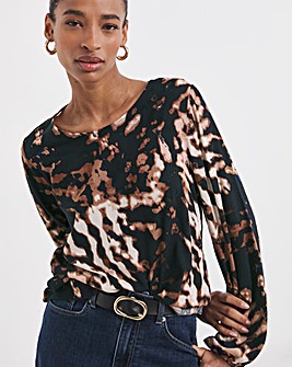 Crew Neck Balloon Sleeve Top - Abstract Print