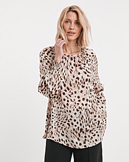 Ruffle Sleeve Satin Blouse - Animal Print