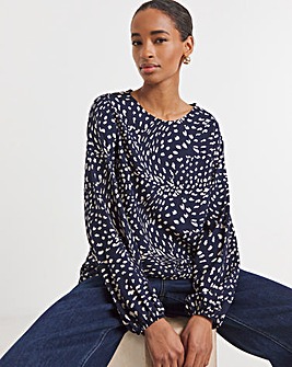 Crew Neck Balloon Sleeve Top - Black Print