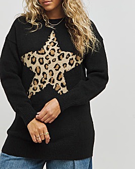 Black Leopard Star Longline Jumper