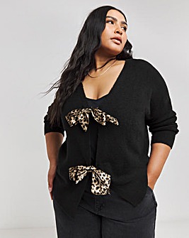 Black Satin Leopard Bow Tie Front Cardigan