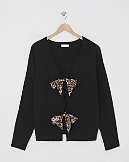 Black Satin Leopard Bow Tie Front Cardigan