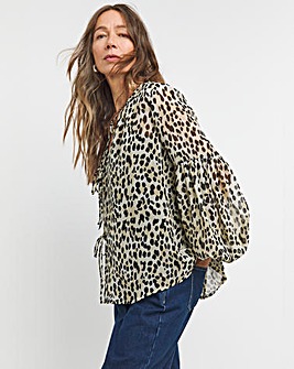 Georgette Blouson Sleeve Tie Detail Blouse - Leopard