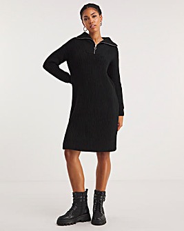 Black Zip Neck Knitted Dress