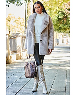 Sosandar Taupe Premium Faux Fur Coat with Button Detail