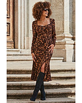 Sosandar Leopard Print Long Sleeve Midi Fit and Flare Dress