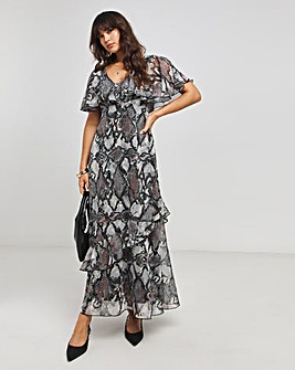 Flounce London Printed Maxi Chiffon Stripe Maxi Dress