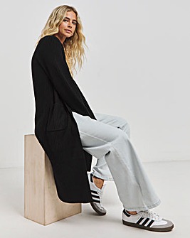 Black Longline Fisherman Rib Cardigan