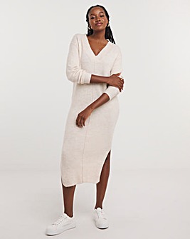 Oatmeal V Neck Knitted Midaxi dress