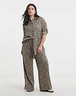 Leopard Tie Waist Linen Mix Wide Leg Trousers