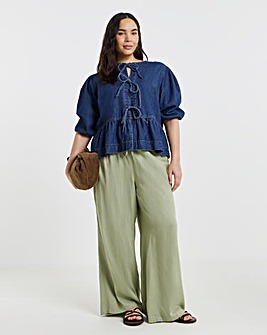Simply Be Khaki Tie Waist Linen Mix Wide Leg Trousers