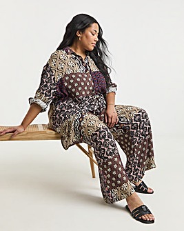 Multi Print Tie Waist Crinkle Wide Leg Trouser