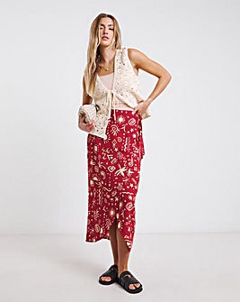 Red Print Spun Viscose Wrap Midaxi Skirt