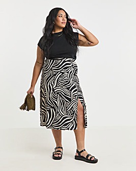 Mono Print Spun Viscose Side Split Midi Skirt