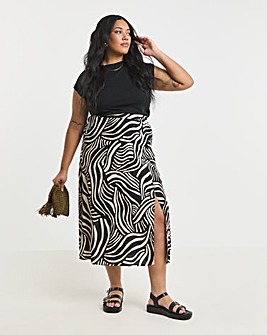 Mono Print Spun Viscose Side Split Midi Skirt