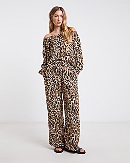 Leopard Tie Waist Crinkle Wide Leg Trouser