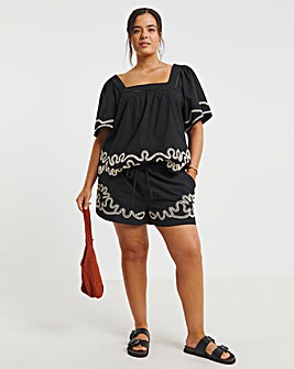 Black Embroidered Tie Waist Shorts