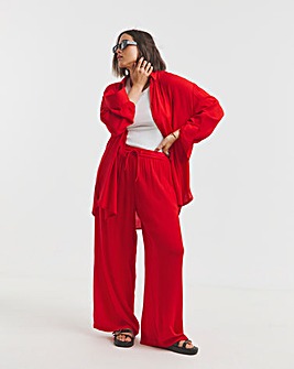 Tie Waist Crinkle Wide Leg Trouser