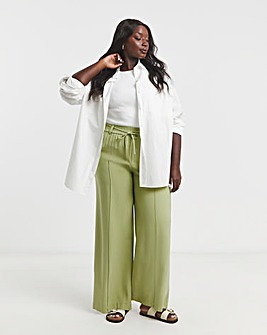 Olive Tie Waist Belt Twill Wide Leg Trousers