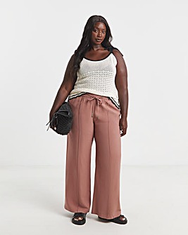 Tie Waist Twill Wide Leg Trousers