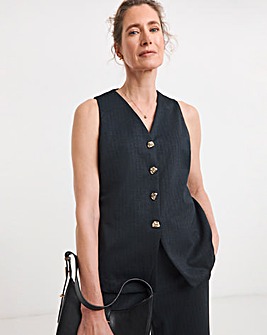 Navy Pinstripe Ponte V-Neck Gold Button Detail Waistcoat