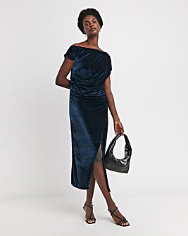 Velvet Asymmetric Neckline Midi Dress