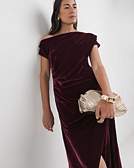 Velvet Asymmetric Neckline Midi Dress