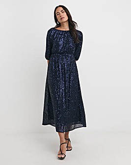 Sequin Puff Sleeve Midi Dress