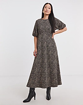 Bow Back Jacquard Bubble Sleeve Tea Dress