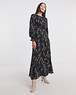 Shirred Cuff Long Sleeve Tea Dress