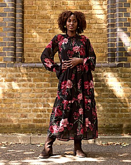 Shirred High Neck Tiered Maxi Dress
