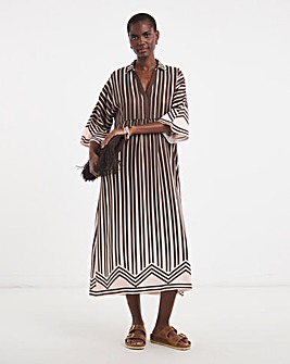 Border Print Placket Detail Smock Dress