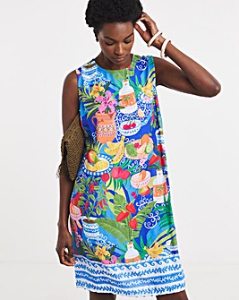 Border Print Linen Sleeveless Shift Dress
